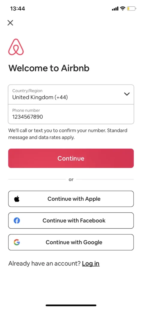 airbnb log in page